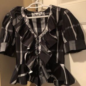 Joseph Ribkoff Black and White Plaid Ruffle Shiny Material Short Sleeve Blouse
